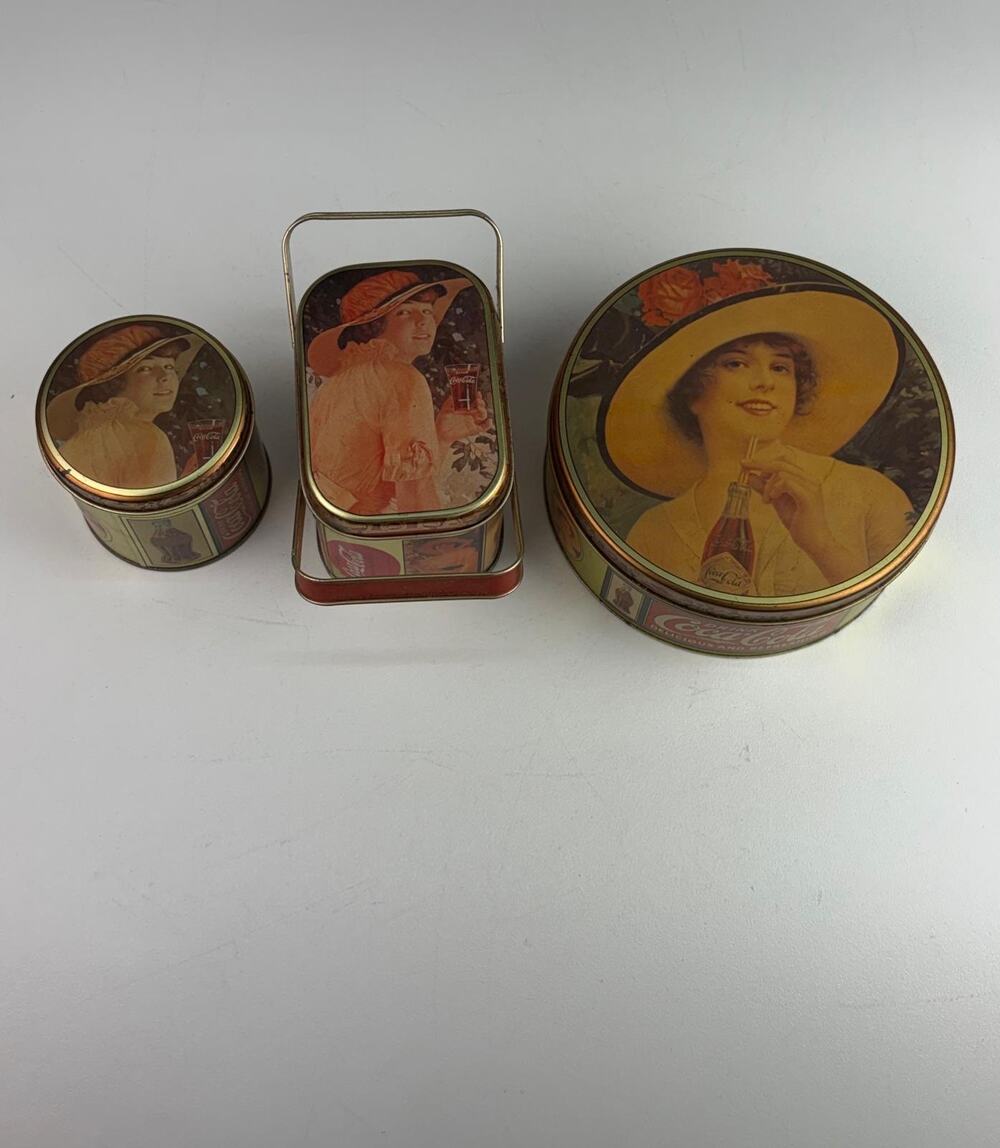Vintage 1988 Coca Cola Metal Tins w/ Lids Lady with Hat Lot of 3 Advertising